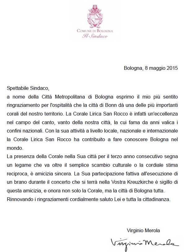 La lettera che il Sindaco di Bologna, Virginio Merola, ha scritto al "Sindaco" di Bonn, Lord Mayor, Jrgen Nimptsch